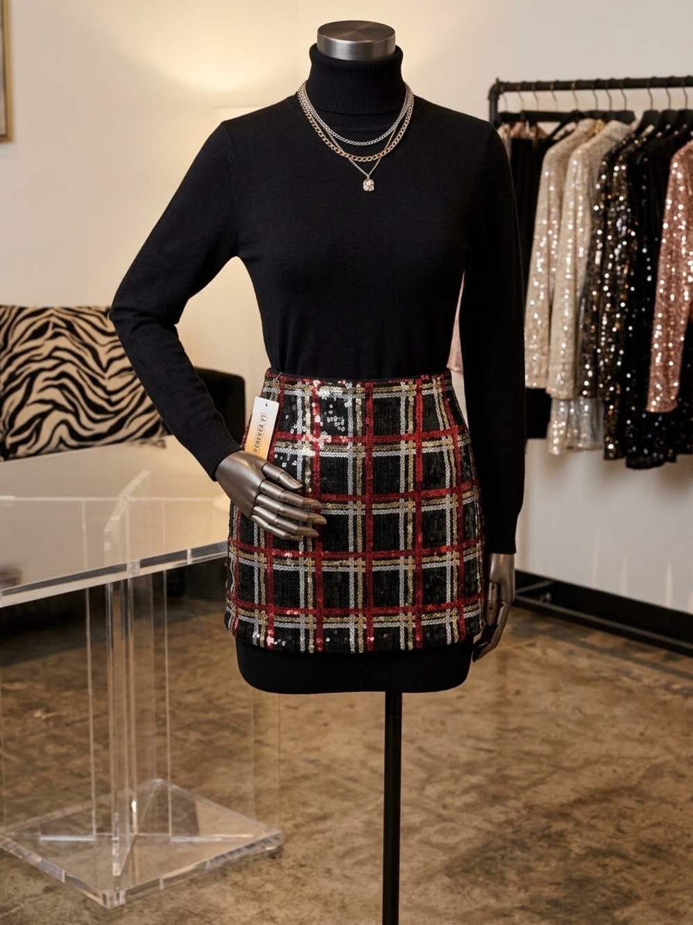 Forever 21 Plaid Sequin Mini Skirt - Black, Red & Gold